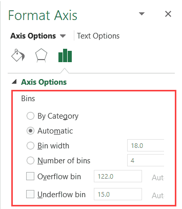 Bin Options in the Histogram Chart in Excel 2016