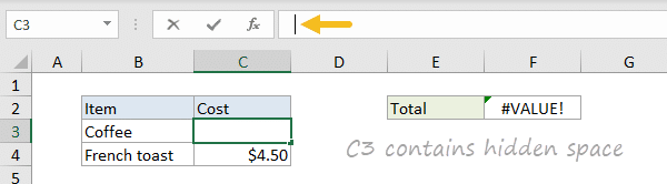 #VALUE! error example - errant space character in formula bar