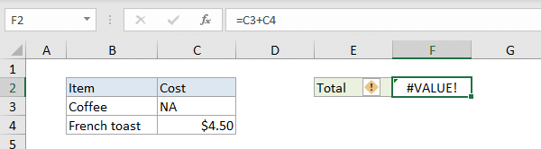 #VALUE! error example - unexpected text value